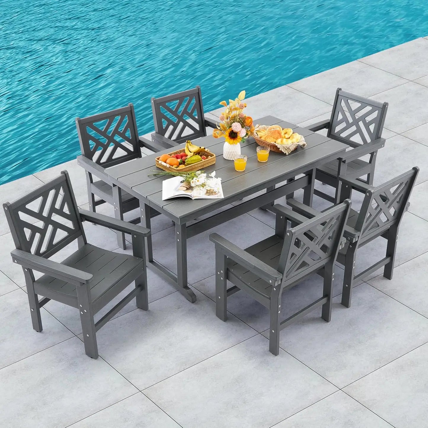 HDPE 7-Piece Outdoor Dining Set with 62.5" Table Umbrella Hole 6 Chairs Weatherproof Gray Customized