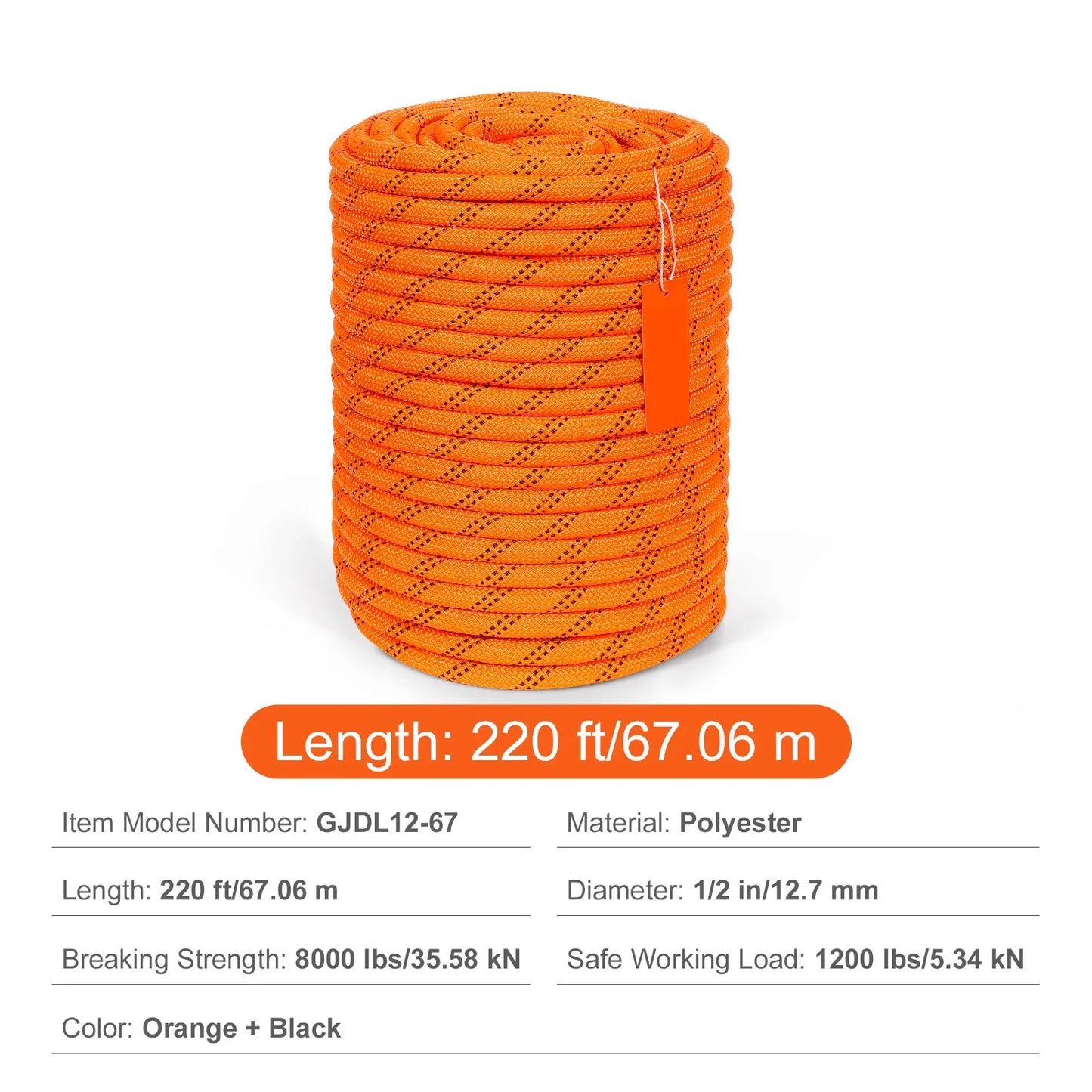8000 lbs Arborist Tree Climbing Rope 1/2" x 220' Polyester 48-Strand