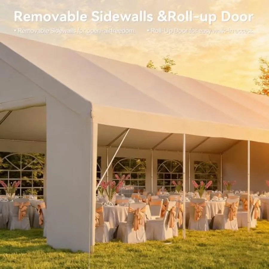 20x40 Party Tent Canopy for Weddings: Waterproof White Polyester Canopy with Heavy-Duty Steel Frame, Removable Sidewalls Roll-U
