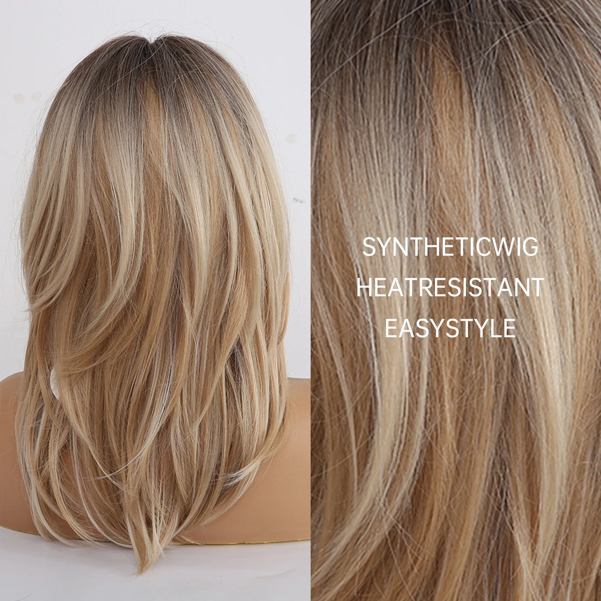 Halloween Wig TopShe Long Natural Wave Wig with Bangs for Woman Blonde Wig with Dark Roots Synthetic Wig Heat Resistant Fiber Loose Wave Medium Length Layered Ombre Blonde Highlights Cosplay Party Wigs