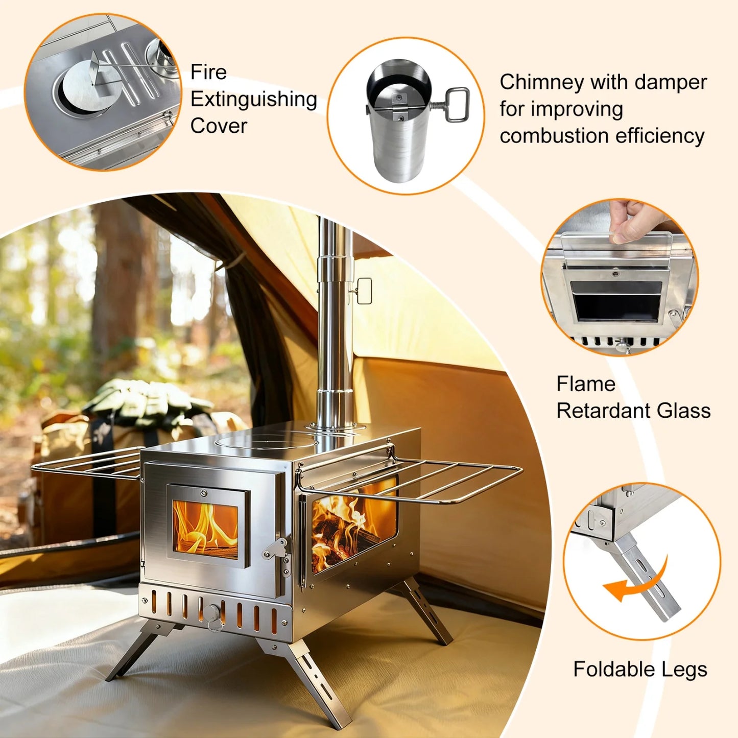 Portable Camping Tent Wood Stove for Outdoor Heating Stainless Steel Hot Tent Stove Burner Stove with 7 Chimney Pipes