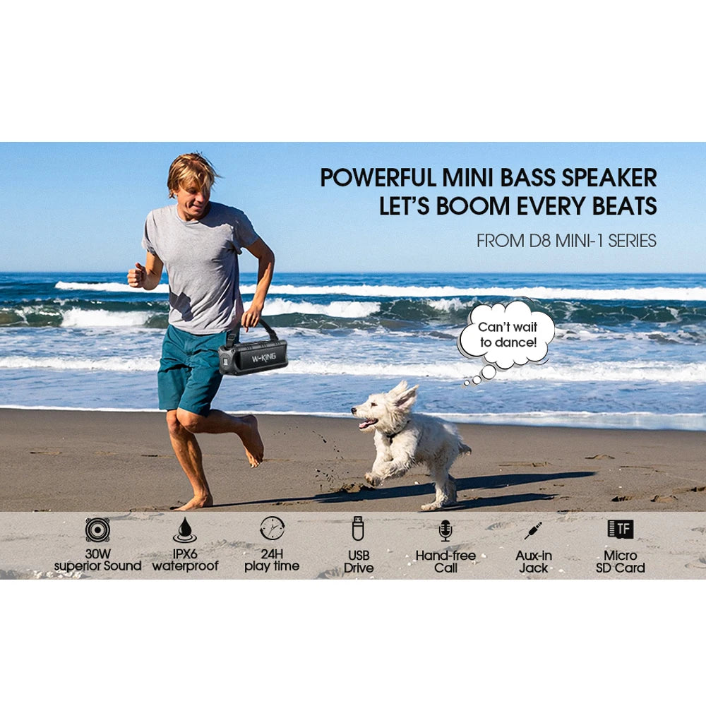 W-KING D8mini-1 Bluetooth Speaker, 30W Portable Wireless Loud Speakers, IPX6 Waterproof Outdoor Speaker, 24H Playtime, EQ, AUX, TF Card