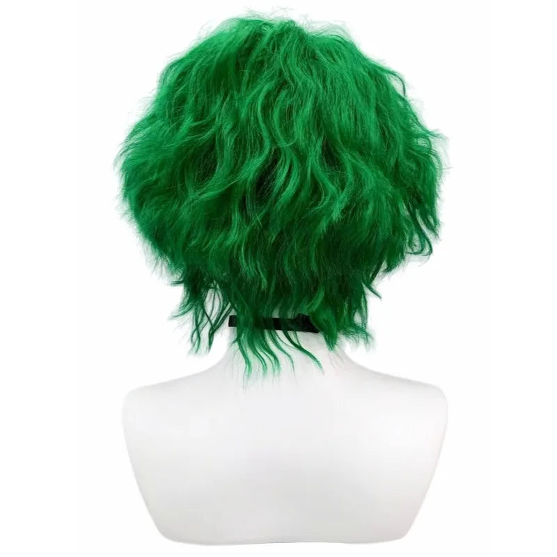 Bright Green Premium Synthetic Fiber Short Curly Wig Shaggy Fluffy Messy Layered Wolf Cut Hair with Bow Tie Choker Collar Accessories Heat Resistant Adjustable Cap for Women Girls Cosplay Party Halloween Costume Role Play Sta