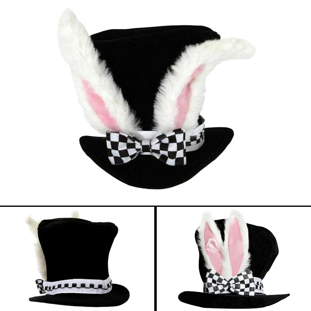 Alice in Wonderland White Rabbit Top Hat Plush Bunny Ears Black Velvet Tall Hat Checkered Bow Tie Cosplay Costume Hat for Halloween Easter Party Fancy Dress