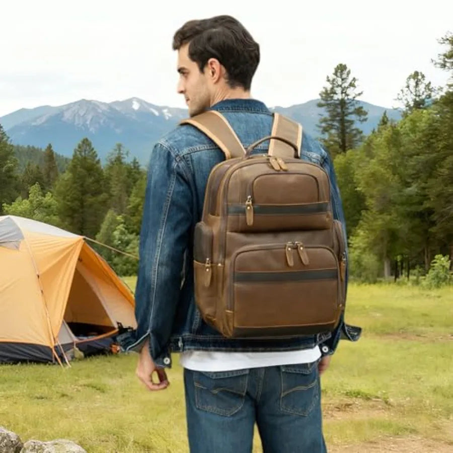 Vintage Leather Backpack 15.6 Laptop Bag Large Capacity Business Travel Hiking Shoulder Daypacks Brown Premium Material