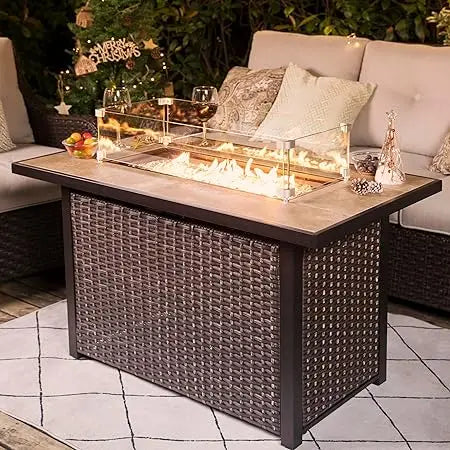 Nuu Garden Outdoor 43" 50,000 BTU Propane Gas Fire Pit Table, Ceramic Tabletop and Rattan Weaved Iron Frame, Water-Proof Oxford