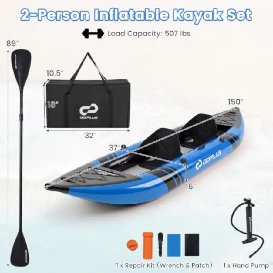 Tandem Inflatable Kayak For Outdoor Recreation, PVC Material, Blue And Gray, Lightweight And Easy To Carry