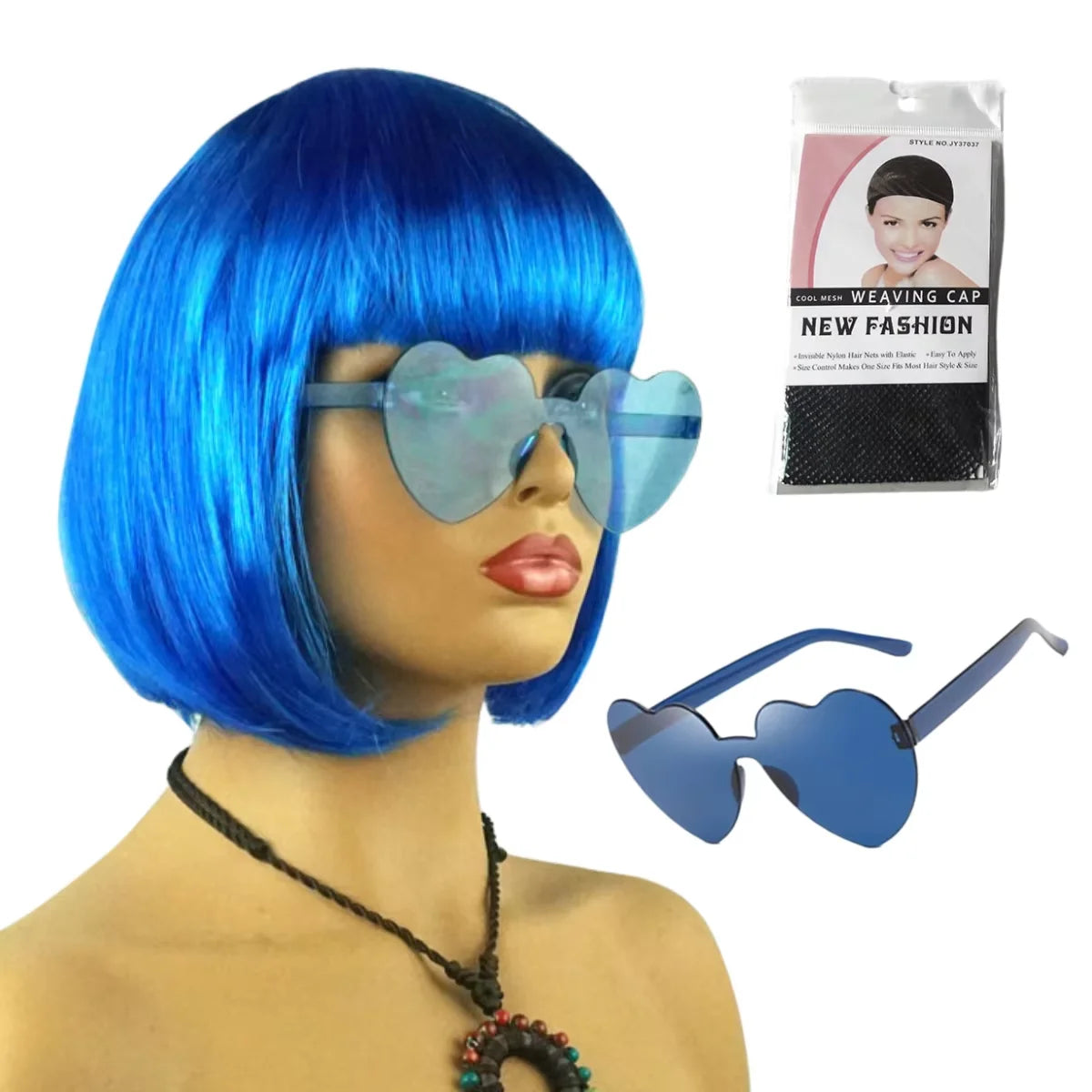 Hot Pink Bob Wig Synthetic Short Straight Bangs Heart Sunglasses Wig Cap Set Halloween Cosplay Costume Party Disco Bachelorette