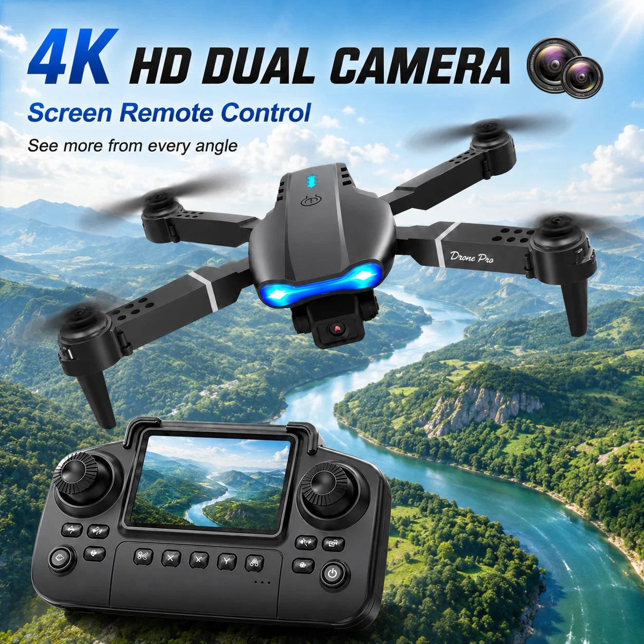 ZNLYRION 4K RC Drone with Screen Remote Control  Dual Camera Optical Flow Positioning Obstacle Avoidance Foldable FPV WIFI APP Control One Key Return 360° Flip Quadcopter Toy for Beginners