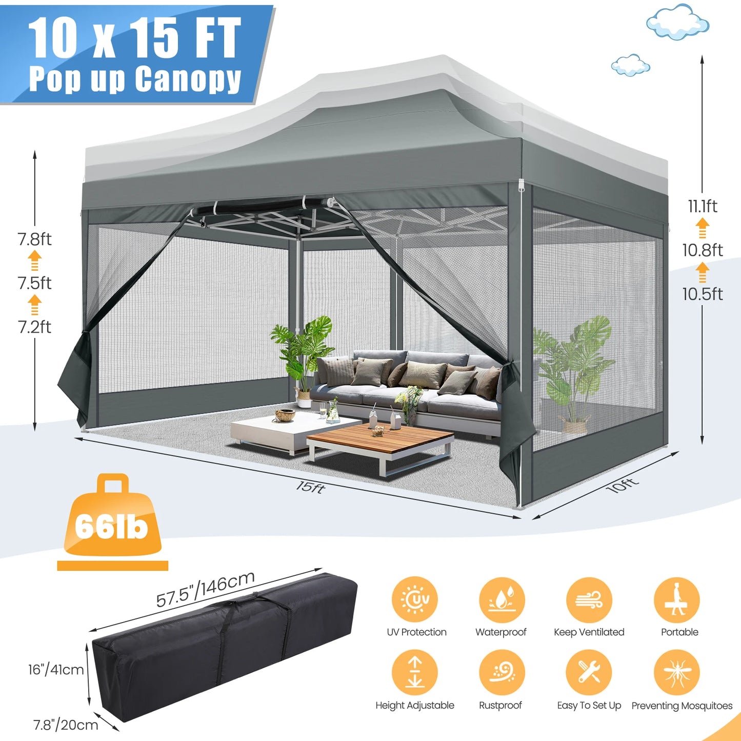 10x15 FT Heavy Duty Pop Up Canopy with 4 Sidewalls, Commercial Gazebo Party Tent with Mosquito Netting Wall Easy Set Up Outdoor