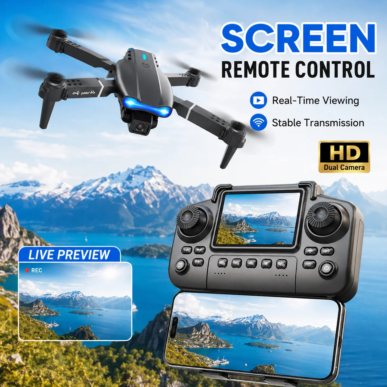 ZNLYRION 4K RC Drone with Screen Remote Control  Dual Camera Optical Flow Positioning Obstacle Avoidance Foldable FPV WIFI APP Control One Key Return 360° Flip Quadcopter Toy for Beginners