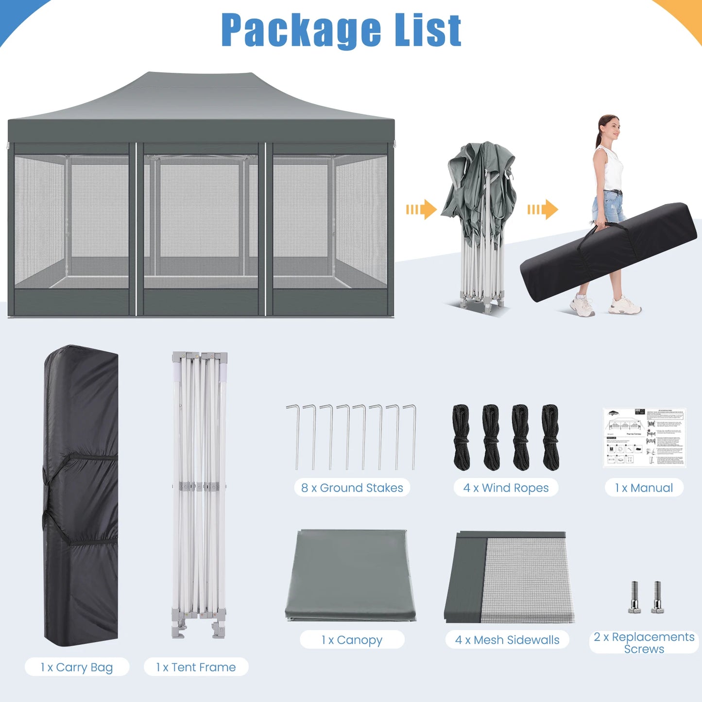 10x15 FT Heavy Duty Pop Up Canopy with 4 Sidewalls, Commercial Gazebo Party Tent with Mosquito Netting Wall Easy Set Up Outdoor