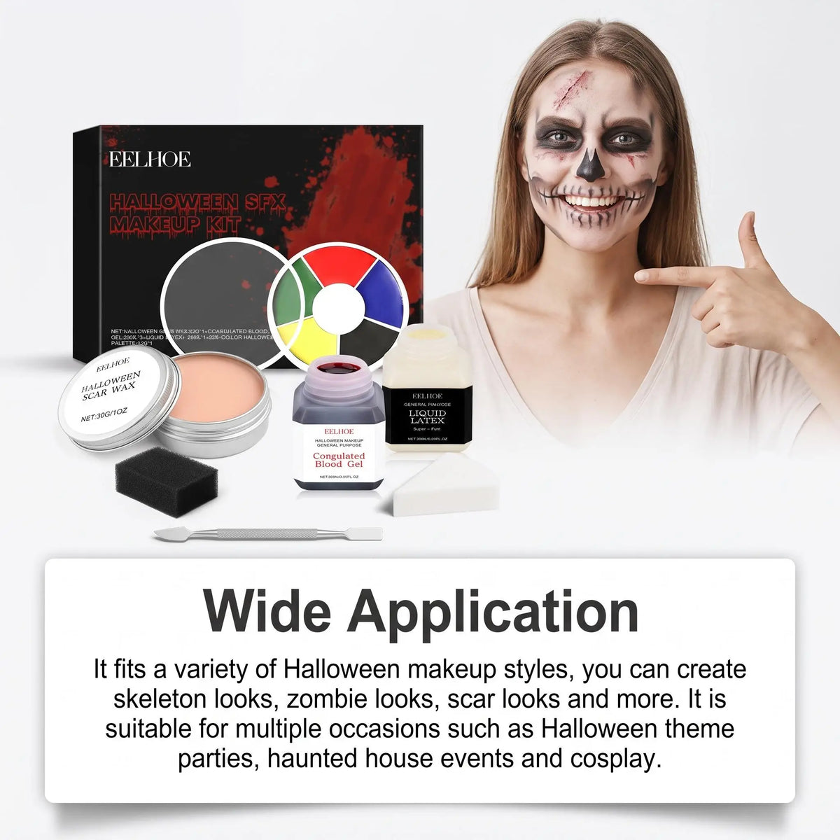 EELHOE Halloween SFX Makeup Kit Scar Wax Fake Blood Gel Liquid Latex 6 Color Palette Spatula Tools Cosplay Horror Party Costume Special Effects Face Paint