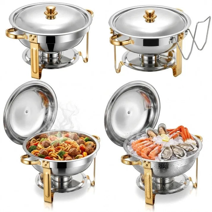 Chafing Dish Buffet Set 4Pack, 6QT Round Stainless Steel with Gold & Silver Accent | 4 Food Pans & Lids, Heating and Cooling Servers, Warmers for Parties Wedding Catering Banquets Family Gatherings