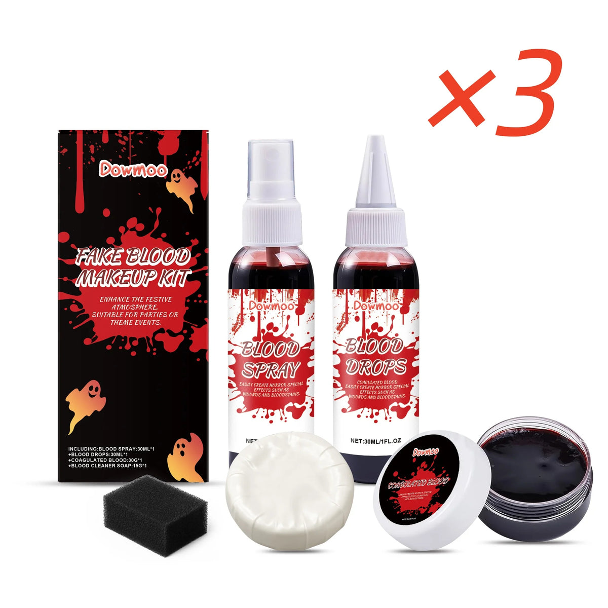 Dowmoo Halloween Fake Blood Makeup Kit Blood Spray Drops Coagulated Gel Soap Cleaner SFX Cosplay Horror Party Costume Props Realistic Special Effects Face Paint Wound Simulation
