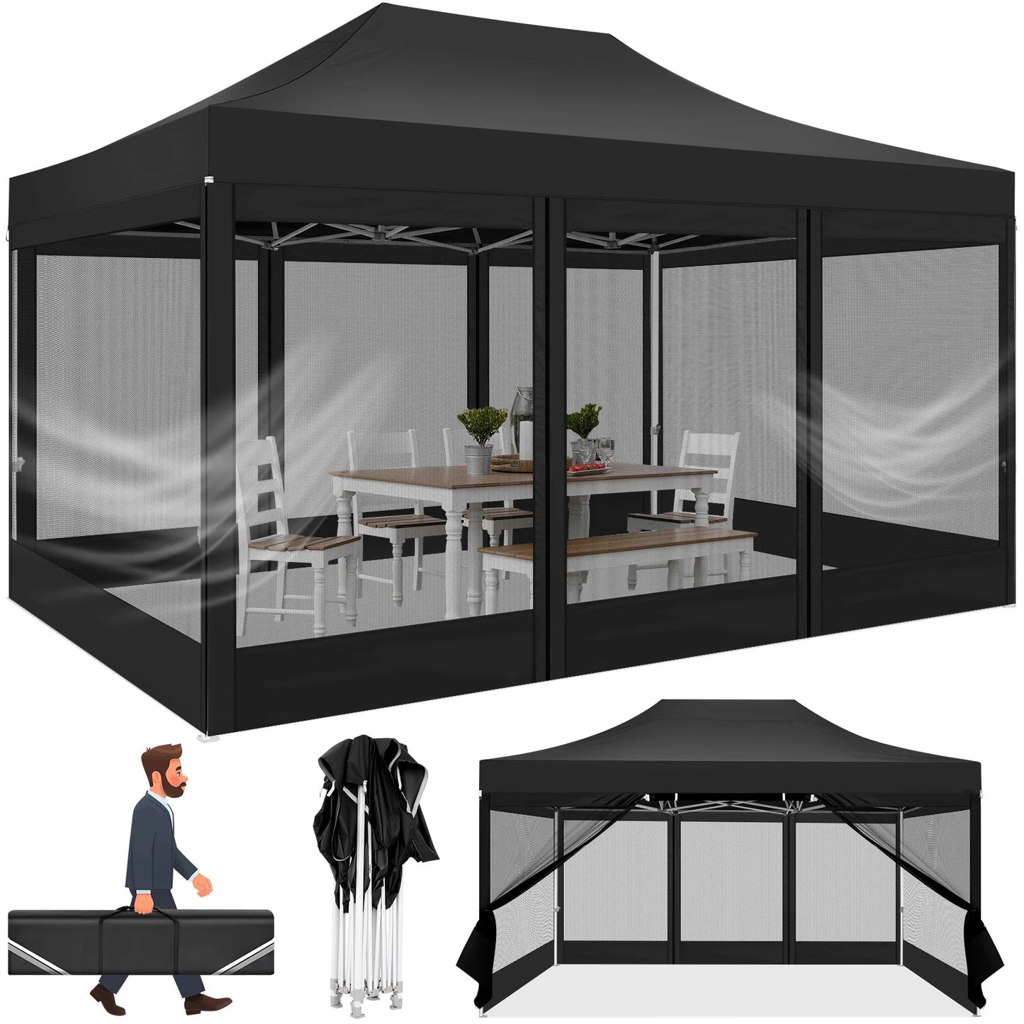 10x15 FT Heavy Duty Pop Up Canopy with 4 Sidewalls, Commercial Gazebo Party Tent with Mosquito Netting Wall Easy Set Up Outdoor