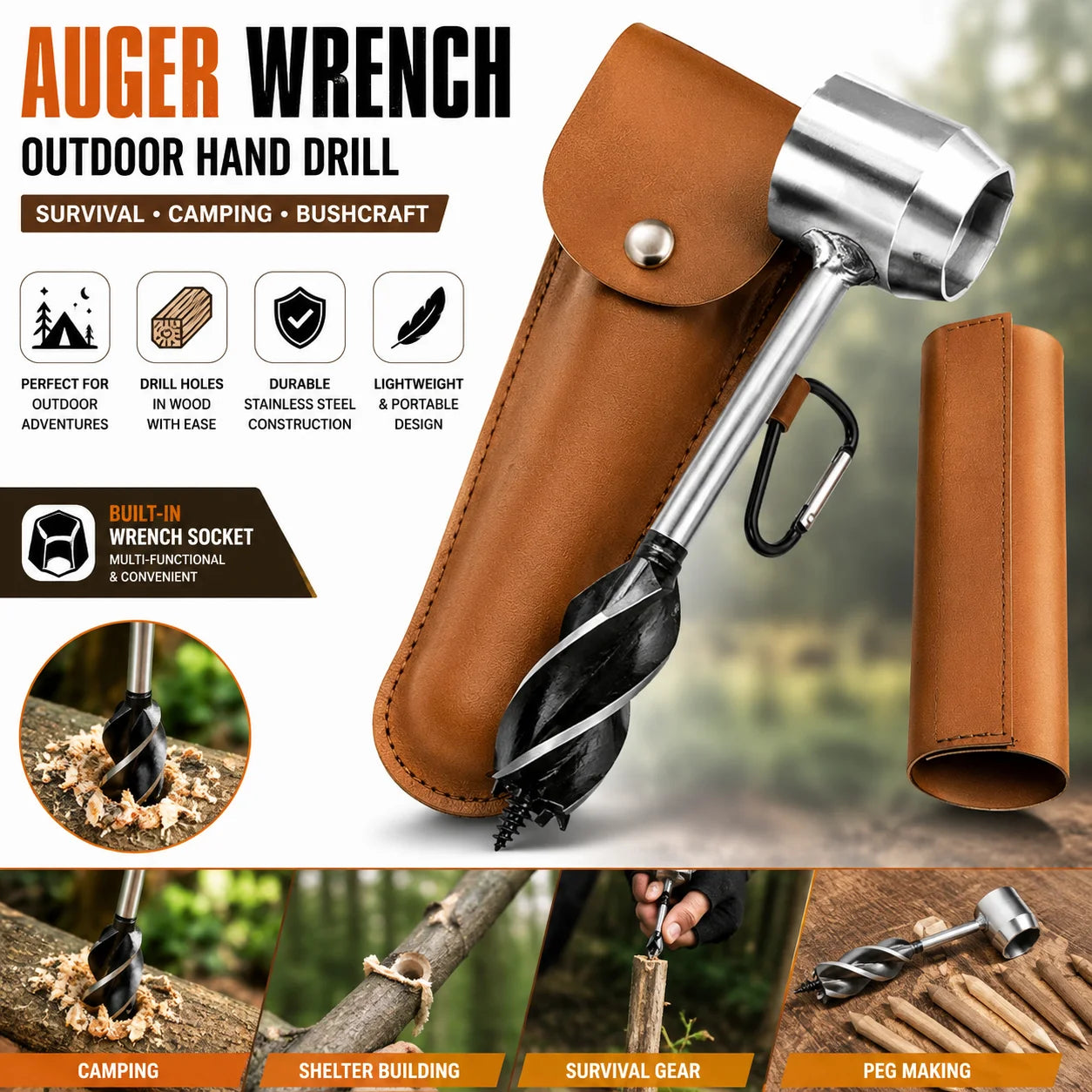 Manual Wood Auger Hand Drill Wrench Bushcraft Survival Tool for Camping Shelter Building Peg Making with Carrying Sheath