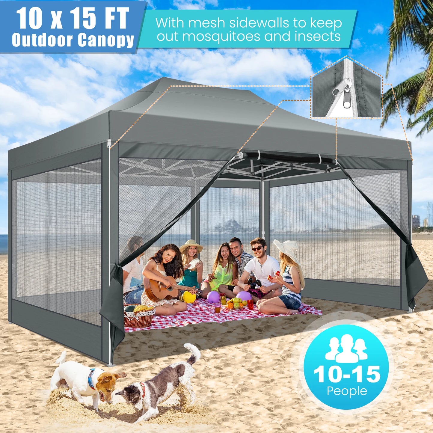 10x15 FT Heavy Duty Pop Up Canopy with 4 Sidewalls, Commercial Gazebo Party Tent with Mosquito Netting Wall Easy Set Up Outdoor