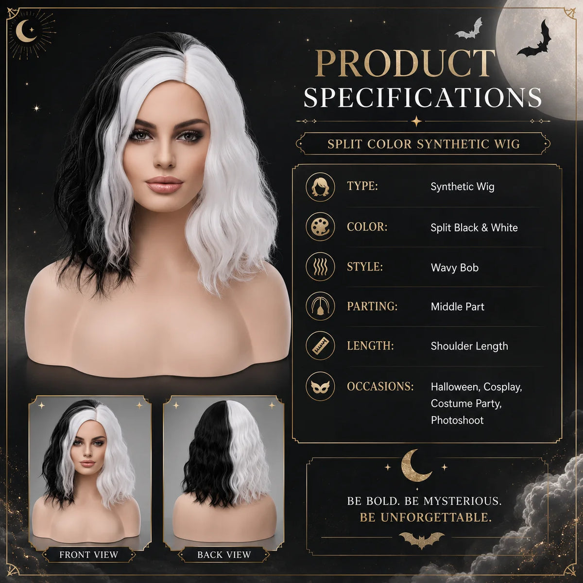 Rosa Star Cruella Deville Wig 14inch Short Bob Wavy Black And White Wig Half Black Half White Bob Wigs Synthetic Bob Wigs Glueless Wigs Heat Synthetic Hair Wigs for Women Halloween Wigs Costume Cosplay Wigs for Party