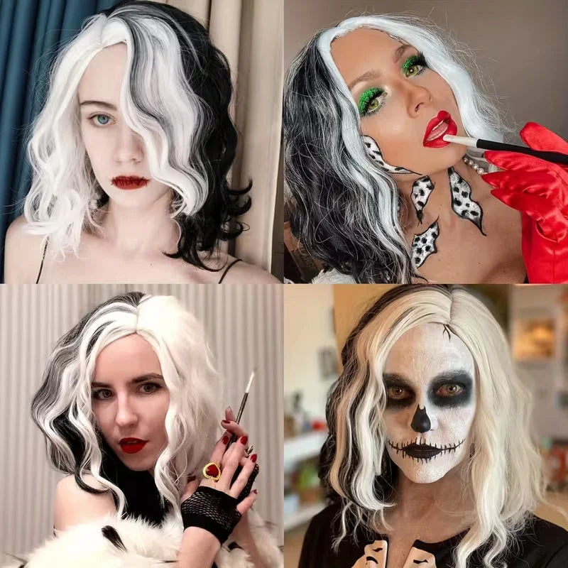 Rosa Star Cruella Deville Wig 14inch Short Bob Wavy Black And White Wig Half Black Half White Bob Wigs Synthetic Bob Wigs Glueless Wigs Heat Synthetic Hair Wigs for Women Halloween Wigs Costume Cosplay Wigs for Party