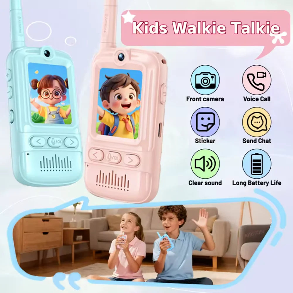 Kids Walkie‑Talkie Set Blue Pink 2Pcs Video Intercom Toy Rechargeable Portable Two‑Way Radio with Lanyard for Children Outdoor Camping Game Play