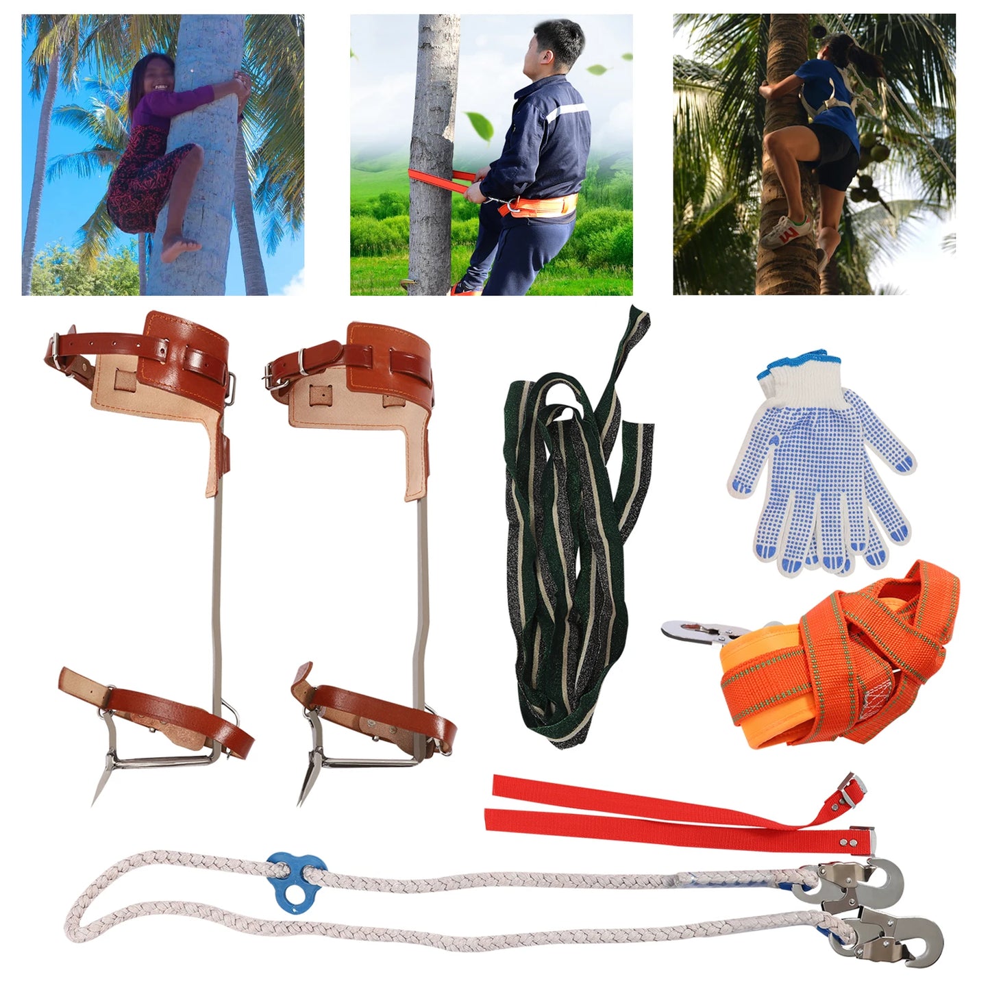 Climbing Pitons Tree Climbing Gear Kit W/ Safety Harness Rope Gloves Stainless Steel Double Claw Ascending Tools for Outdoor