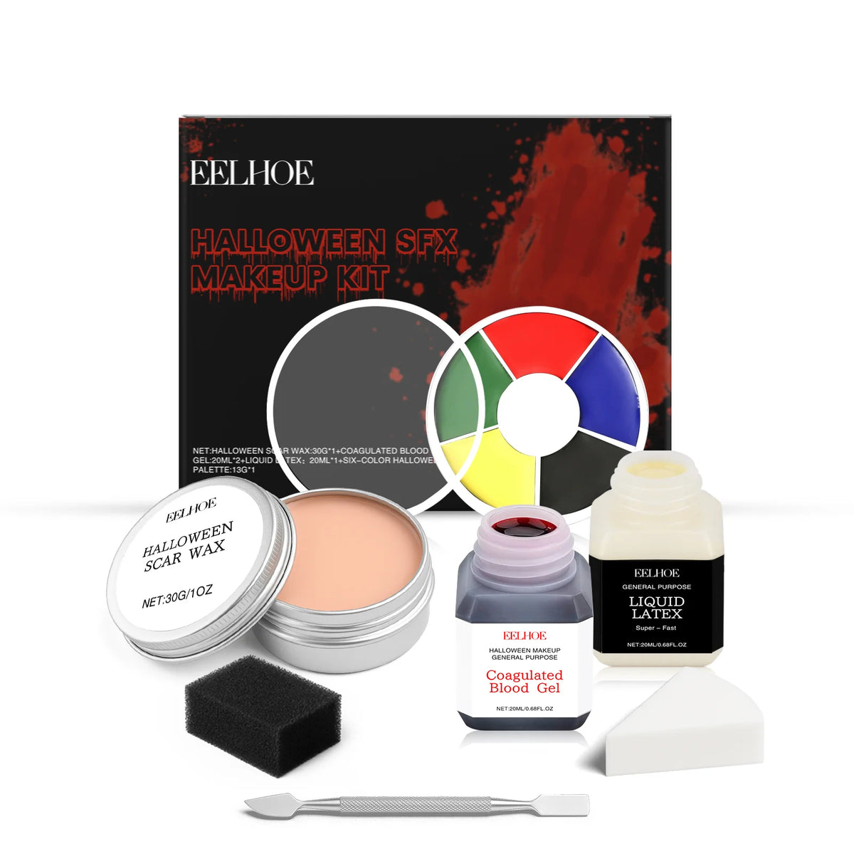 EELHOE Halloween SFX Makeup Kit Scar Wax Fake Blood Gel Liquid Latex 6 Color Palette Spatula Tools Cosplay Horror Party Costume Special Effects Face Paint