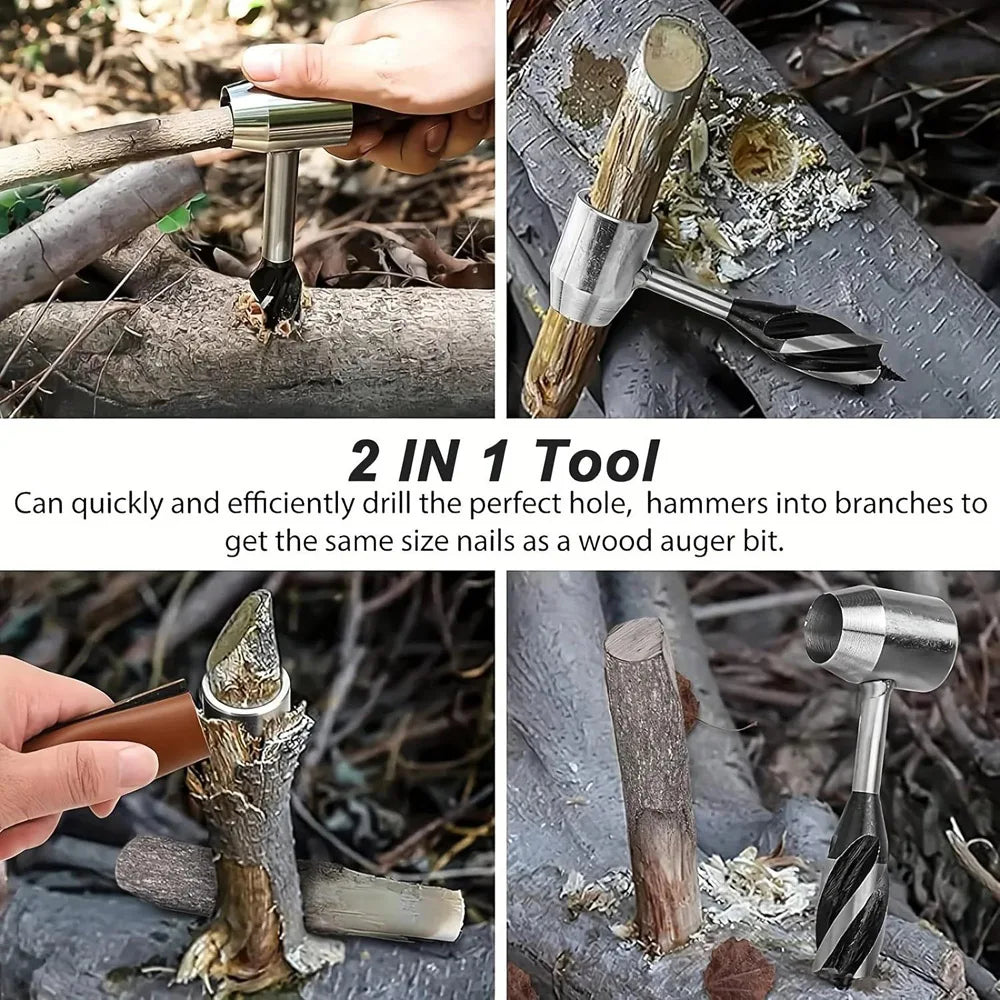 Manual Wood Auger Hand Drill Wrench Bushcraft Survival Tool for Camping Shelter Building Peg Making with Carrying Sheath