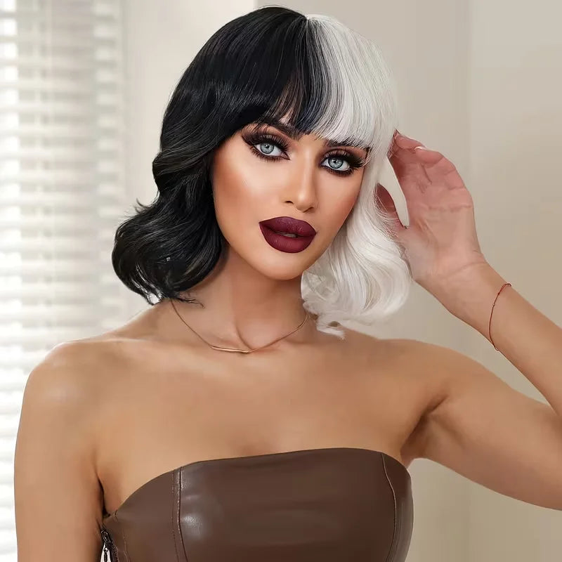 Cruella De Vil Black White Two-Tone Half-Up Synthetic Curly Wig 150% Density Wavy Design Vintage Vampire Gothic Style for Halloween Parties Easy Care Unisex