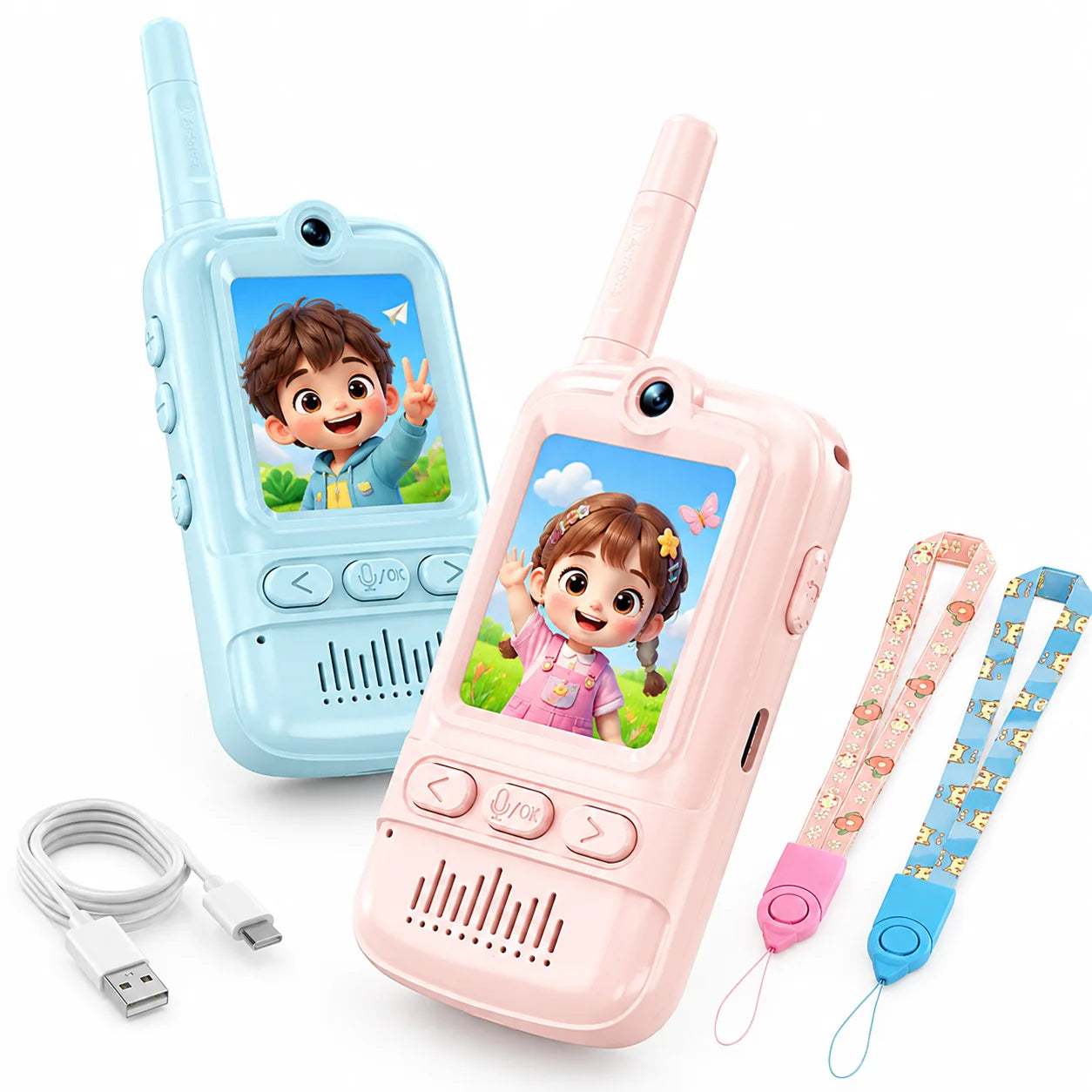 Kids Walkie‑Talkie Set Blue Pink 2Pcs Video Intercom Toy Rechargeable Portable Two‑Way Radio with Lanyard for Children Outdoor Camping Game Play