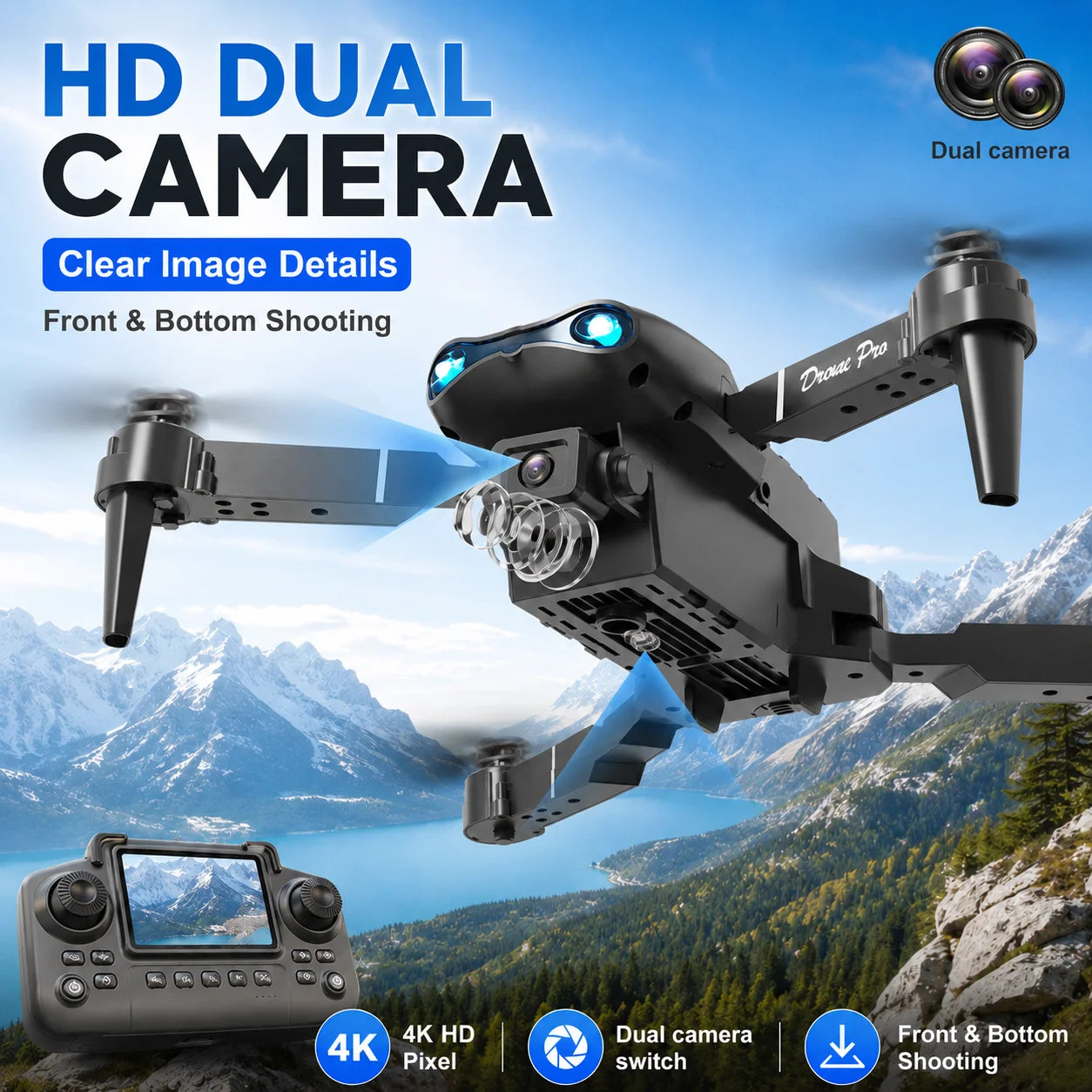 ZNLYRION 4K RC Drone with Screen Remote Control  Dual Camera Optical Flow Positioning Obstacle Avoidance Foldable FPV WIFI APP Control One Key Return 360° Flip Quadcopter Toy for Beginners