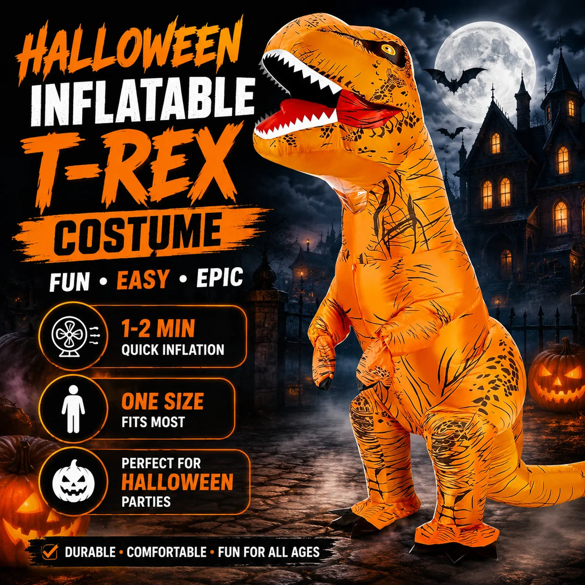 Adult Inflatable Tyrannosaurus Rex Costume, Funny Blow Up Giant T-Rex Dinosaur Suit, Halloween Cosplay Fancy Dress Outfit for Carnival Theme Party Bar Performance