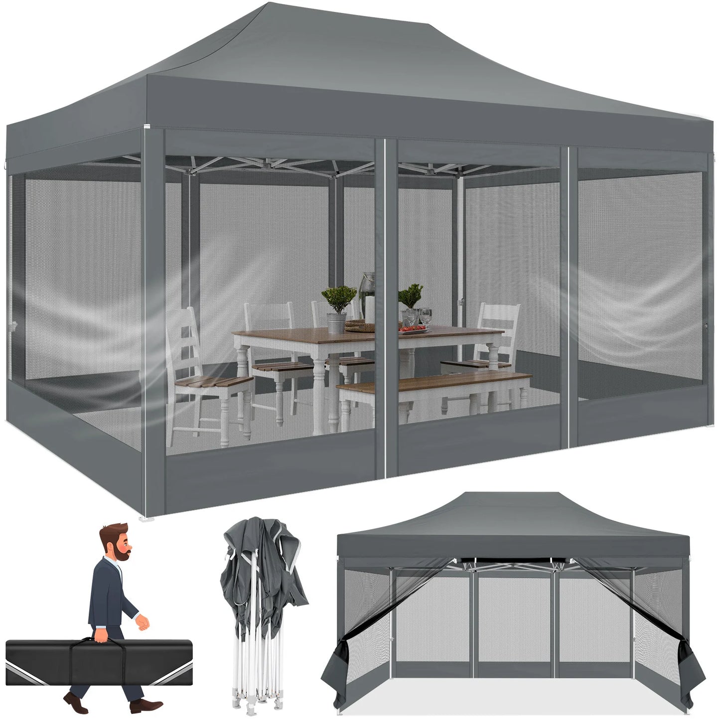 10x15 FT Heavy Duty Pop Up Canopy with 4 Sidewalls, Commercial Gazebo Party Tent with Mosquito Netting Wall Easy Set Up Outdoor
