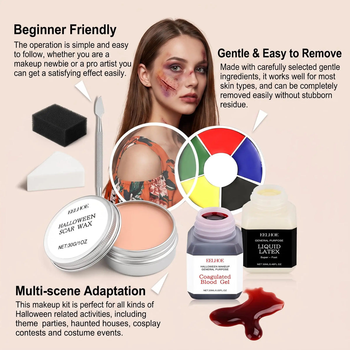 EELHOE Halloween SFX Makeup Kit Scar Wax Fake Blood Gel Liquid Latex 6 Color Palette Spatula Tools Cosplay Horror Party Costume Special Effects Face Paint