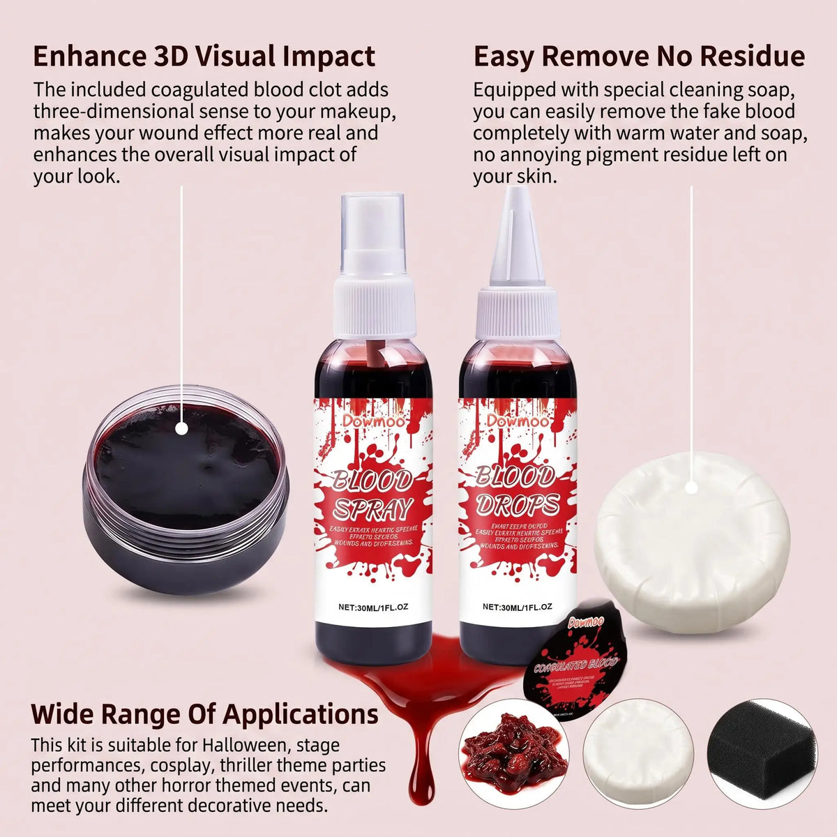 Dowmoo Halloween Fake Blood Makeup Kit Blood Spray Drops Coagulated Gel Soap Cleaner SFX Cosplay Horror Party Costume Props Realistic Special Effects Face Paint Wound Simulation