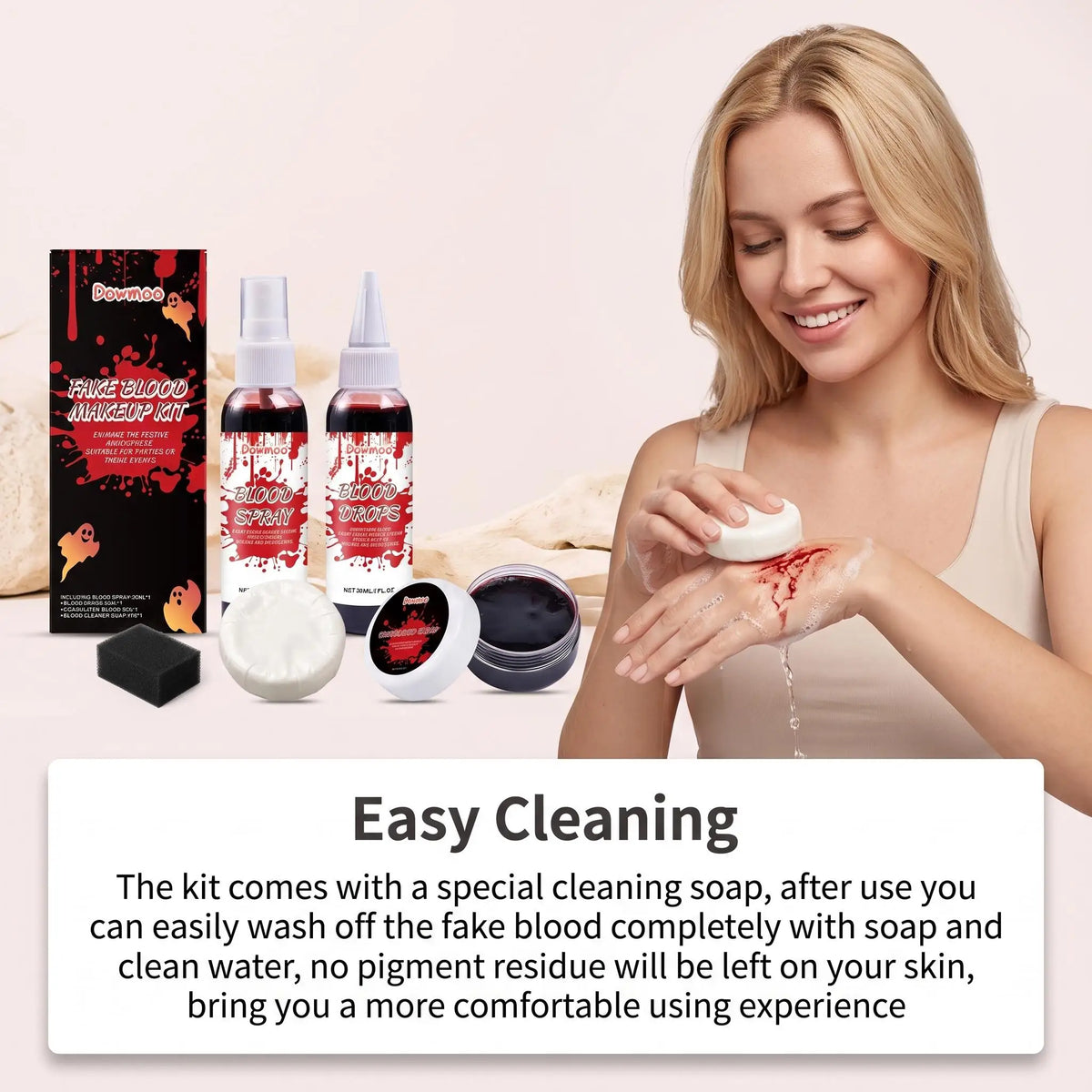 Dowmoo Halloween Fake Blood Makeup Kit Blood Spray Drops Coagulated Gel Soap Cleaner SFX Cosplay Horror Party Costume Props Realistic Special Effects Face Paint Wound Simulation