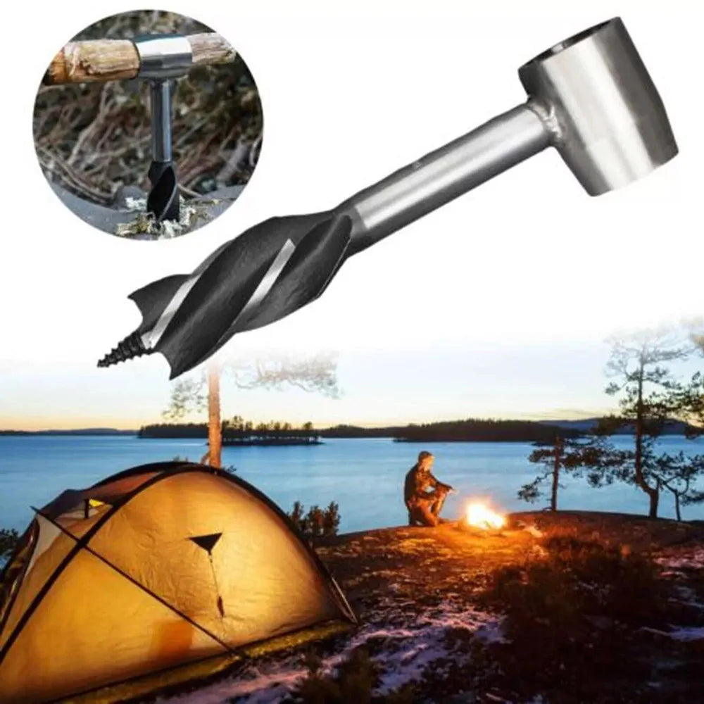 Manual Wood Auger Hand Drill Wrench Bushcraft Survival Tool for Camping Shelter Building Peg Making with Carrying Sheath