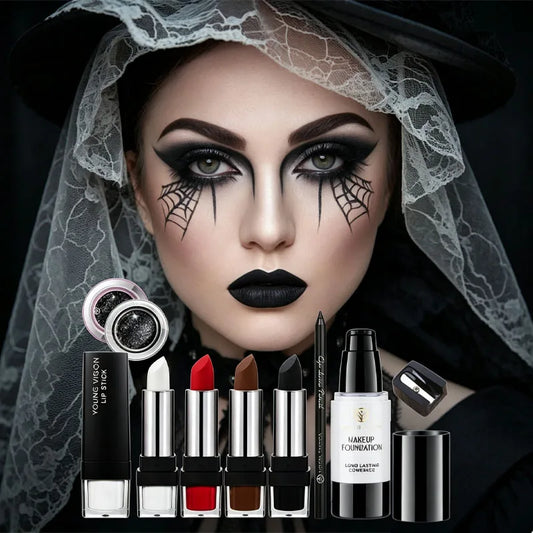 6PCS Halloween Black And White Body Painting Set, Safe For Sensitive Skin, Easy To Remove, Soft And SmoothTexture, For Extreme Goth Makeup, Halloween, Cosplay, Everyday Use, Long-Lasting Matte End, Suitable For All Skin Types