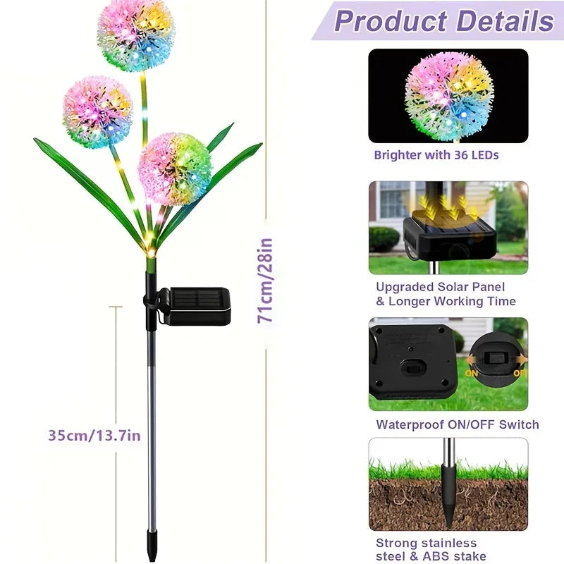 4PC 3 Head Solar LED Dandelion Outdoor Ground Mounted Light, Suitable for Courtyard, Garden, and Landscape Decoration