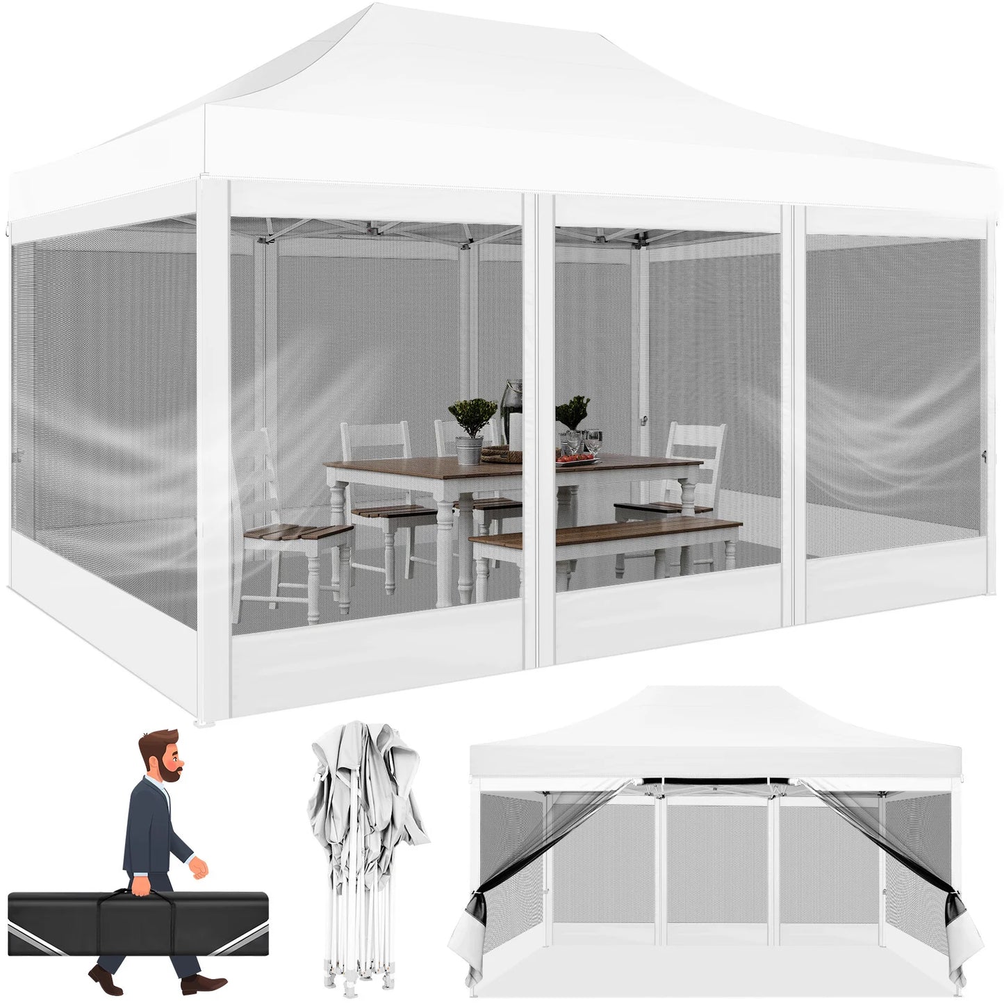 10x15 FT Heavy Duty Pop Up Canopy with 4 Sidewalls, Commercial Gazebo Party Tent with Mosquito Netting Wall Easy Set Up Outdoor