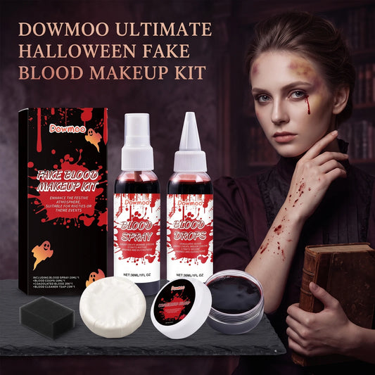 Dowmoo Halloween Fake Blood Makeup Kit Blood Spray Drops Coagulated Gel Soap Cleaner SFX Cosplay Horror Party Costume Props Realistic Special Effects Face Paint Wound Simulation