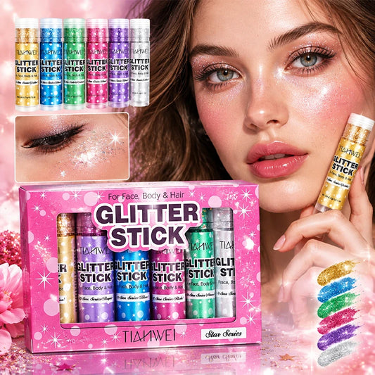 6 Colors Glitter Stick Set, Vibrant Sequin Makeup, Sparkly Shimmer Glitter For Face Body Hair, Long Lasting Shiny Cream Glitter Stick For Stage Festival Party Makeup, Portable & Easy To Use.