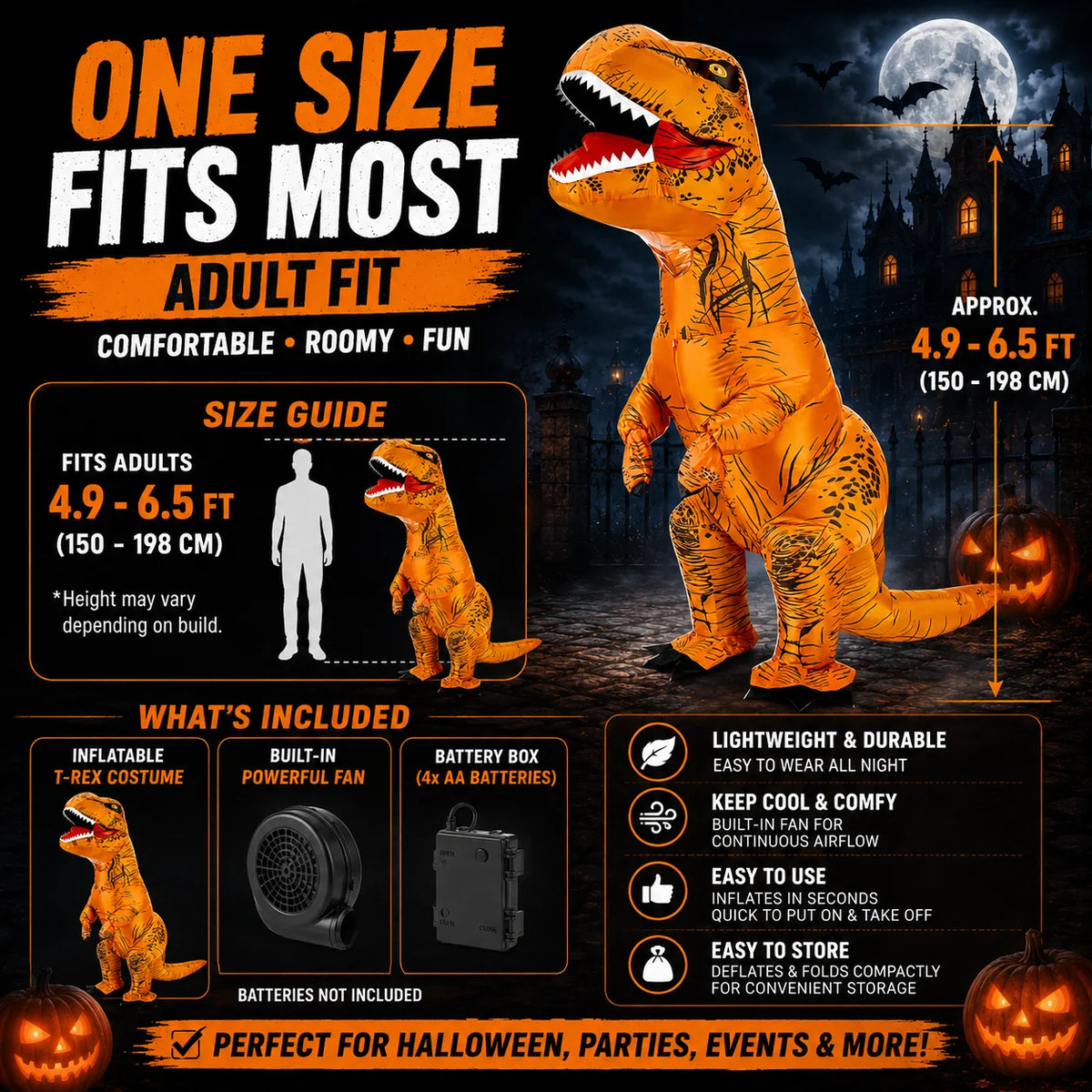 Adult Inflatable Tyrannosaurus Rex Costume, Funny Blow Up Giant T-Rex Dinosaur Suit, Halloween Cosplay Fancy Dress Outfit for Carnival Theme Party Bar Performance