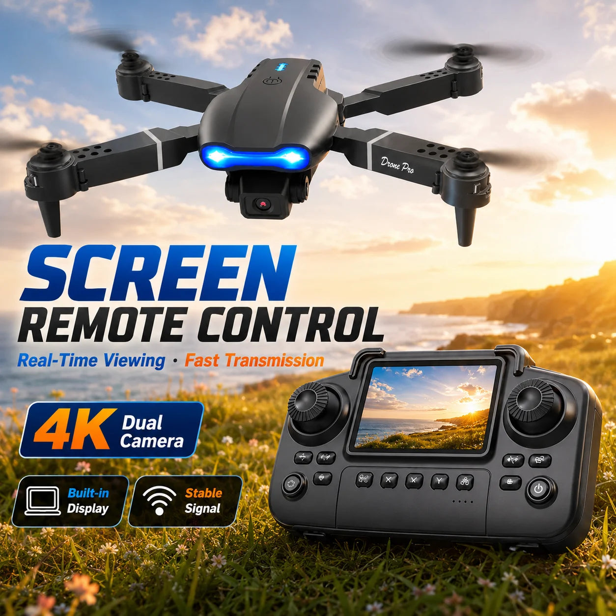 ZNLYRION 4K RC Drone with Screen Remote Control  Dual Camera Optical Flow Positioning Obstacle Avoidance Foldable FPV WIFI APP Control One Key Return 360° Flip Quadcopter Toy for Beginners