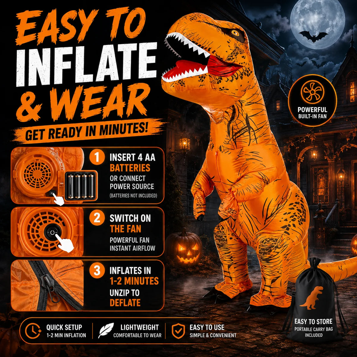 Adult Inflatable Tyrannosaurus Rex Costume, Funny Blow Up Giant T-Rex Dinosaur Suit, Halloween Cosplay Fancy Dress Outfit for Carnival Theme Party Bar Performance