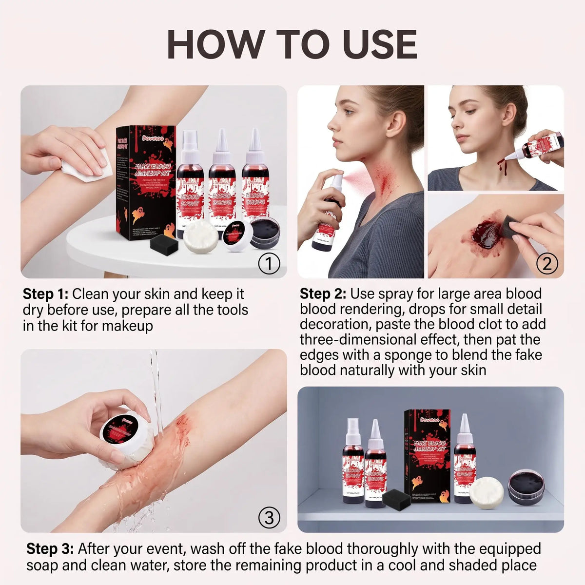 Dowmoo Halloween Fake Blood Makeup Kit Blood Spray Drops Coagulated Gel Soap Cleaner SFX Cosplay Horror Party Costume Props Realistic Special Effects Face Paint Wound Simulation