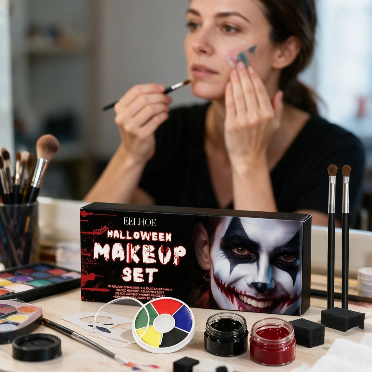 EELHOE Halloween Makeup Set Face Painting Long Lasting Makeup Products Waterproof Natural Effect Events Blendable Colors Palette