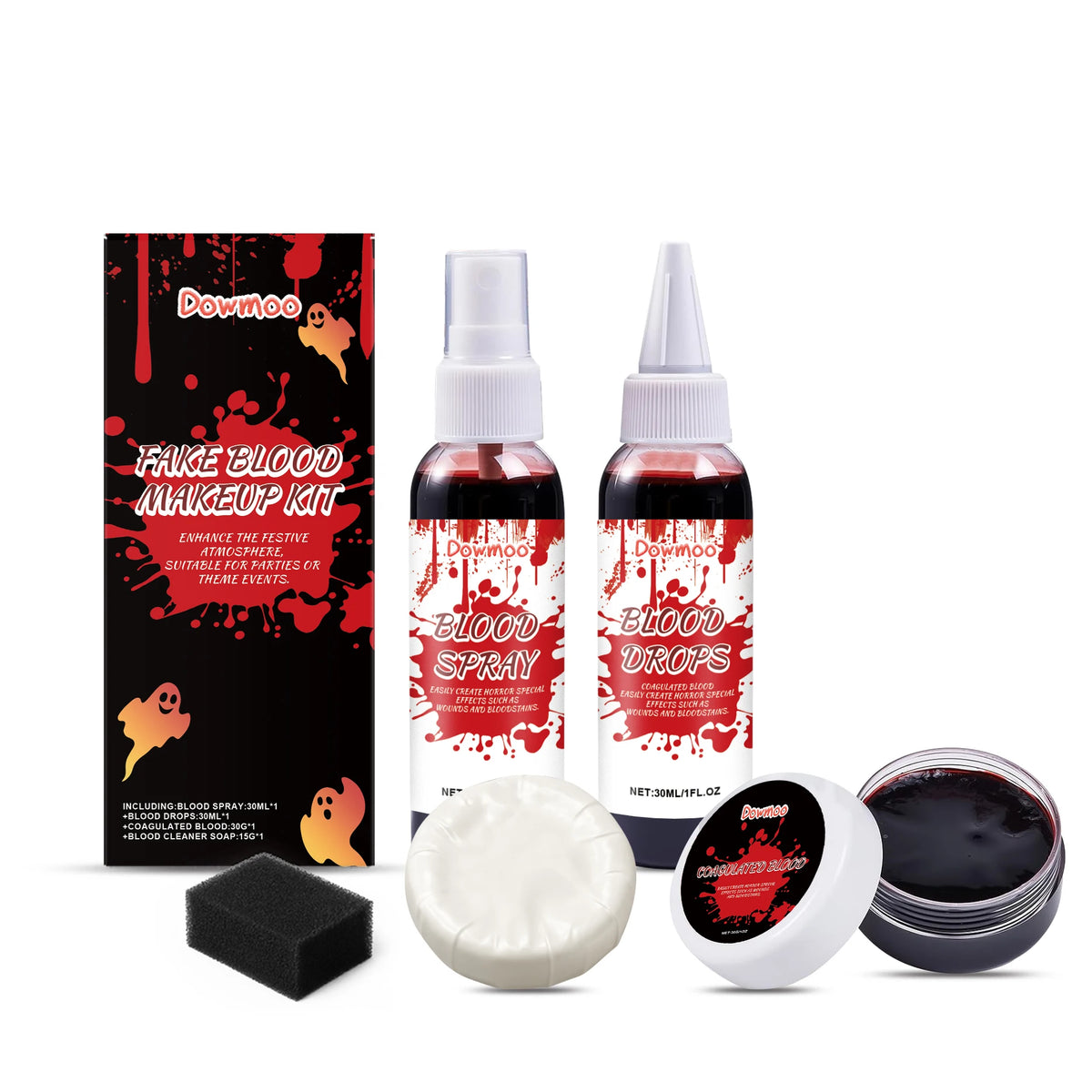 Dowmoo Halloween Fake Blood Makeup Kit Blood Spray Drops Coagulated Gel Soap Cleaner SFX Cosplay Horror Party Costume Props Realistic Special Effects Face Paint Wound Simulation