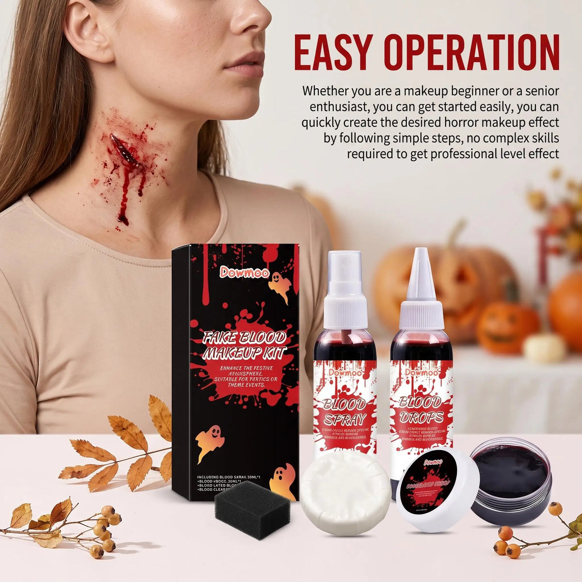 Dowmoo Halloween Fake Blood Makeup Kit Blood Spray Drops Coagulated Gel Soap Cleaner SFX Cosplay Horror Party Costume Props Realistic Special Effects Face Paint Wound Simulation
