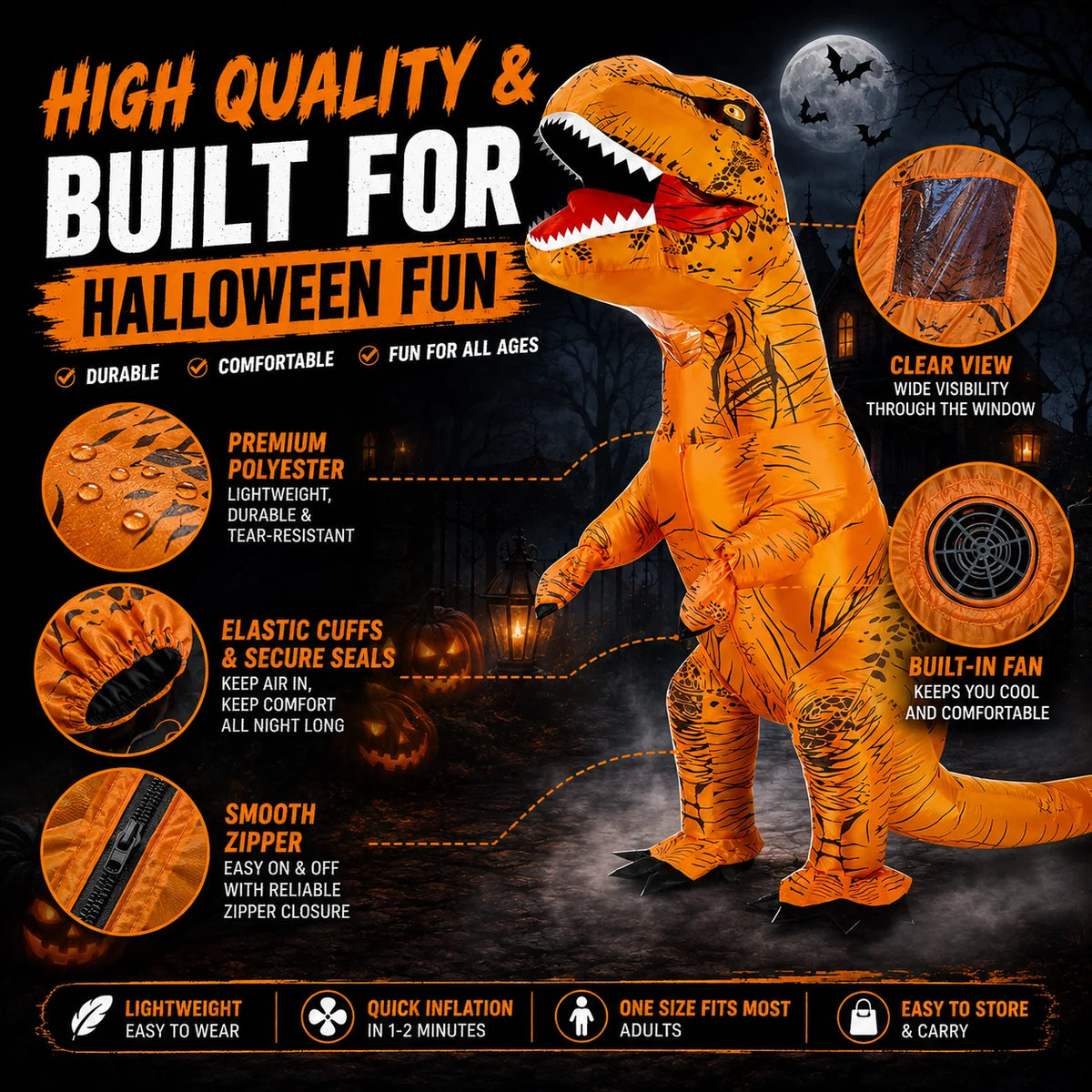 Adult Inflatable Tyrannosaurus Rex Costume, Funny Blow Up Giant T-Rex Dinosaur Suit, Halloween Cosplay Fancy Dress Outfit for Carnival Theme Party Bar Performance